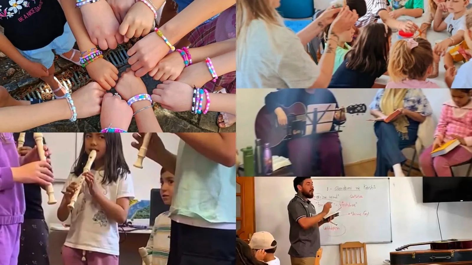 A montage of Edukart activities: children showing the bracelets they made, an arts workshop, a guitar lesson, a recorder lesson and a language class at the whiteboard