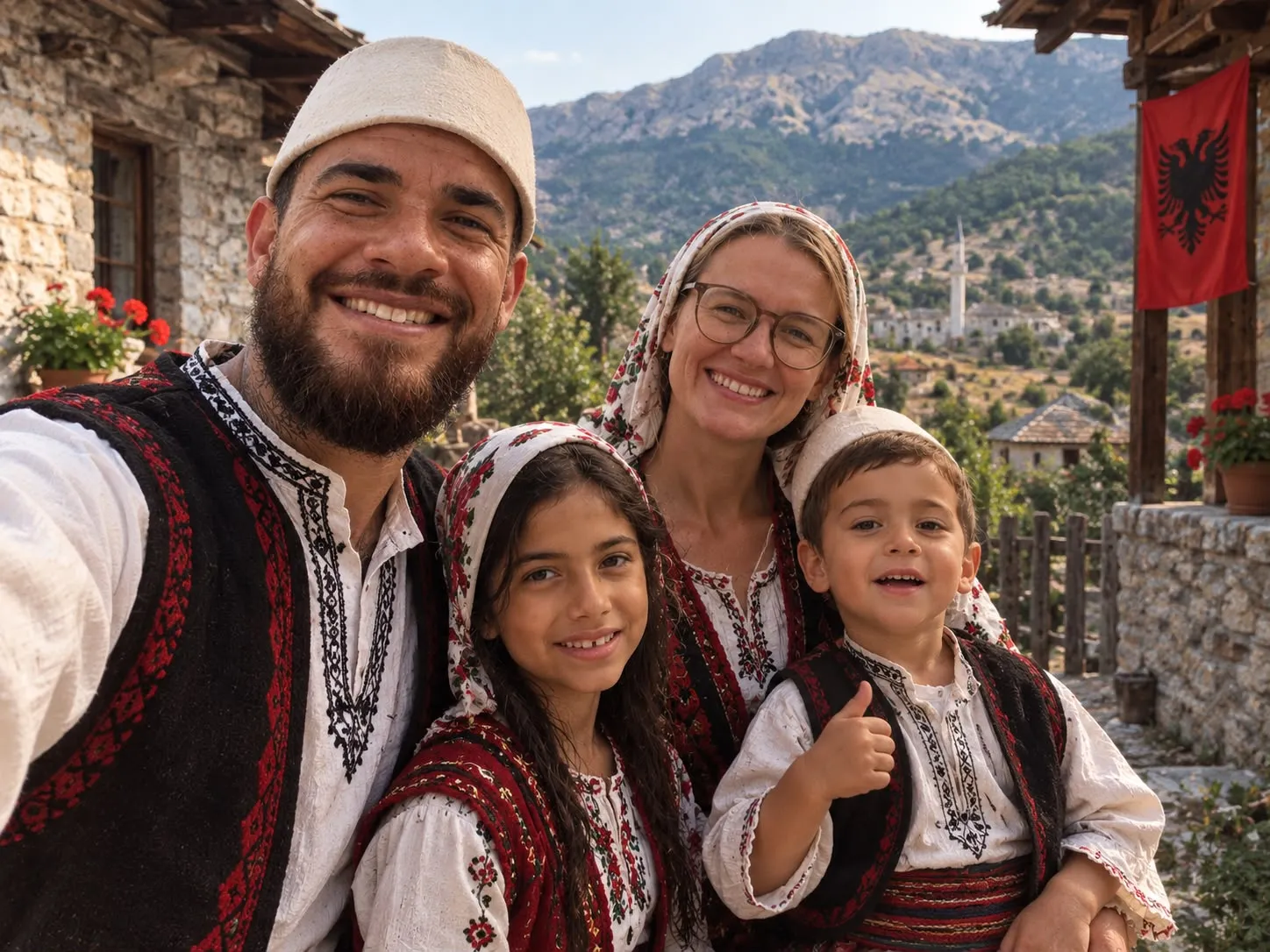 The family in traditional Albanian dress, smiling, in a mountain village