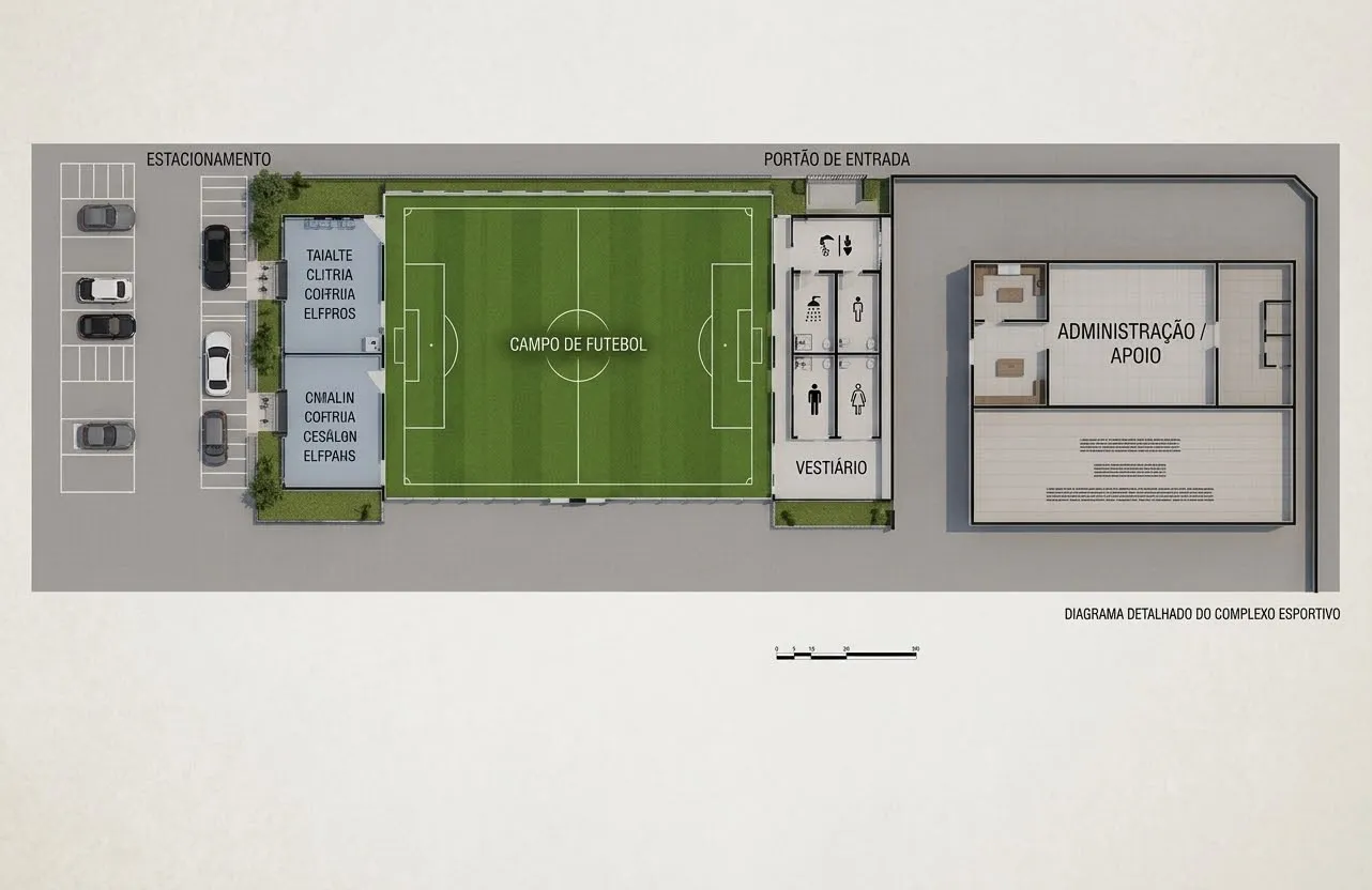Floor plan of the sports complex: car park, football pitch, changing rooms and the administration and support block