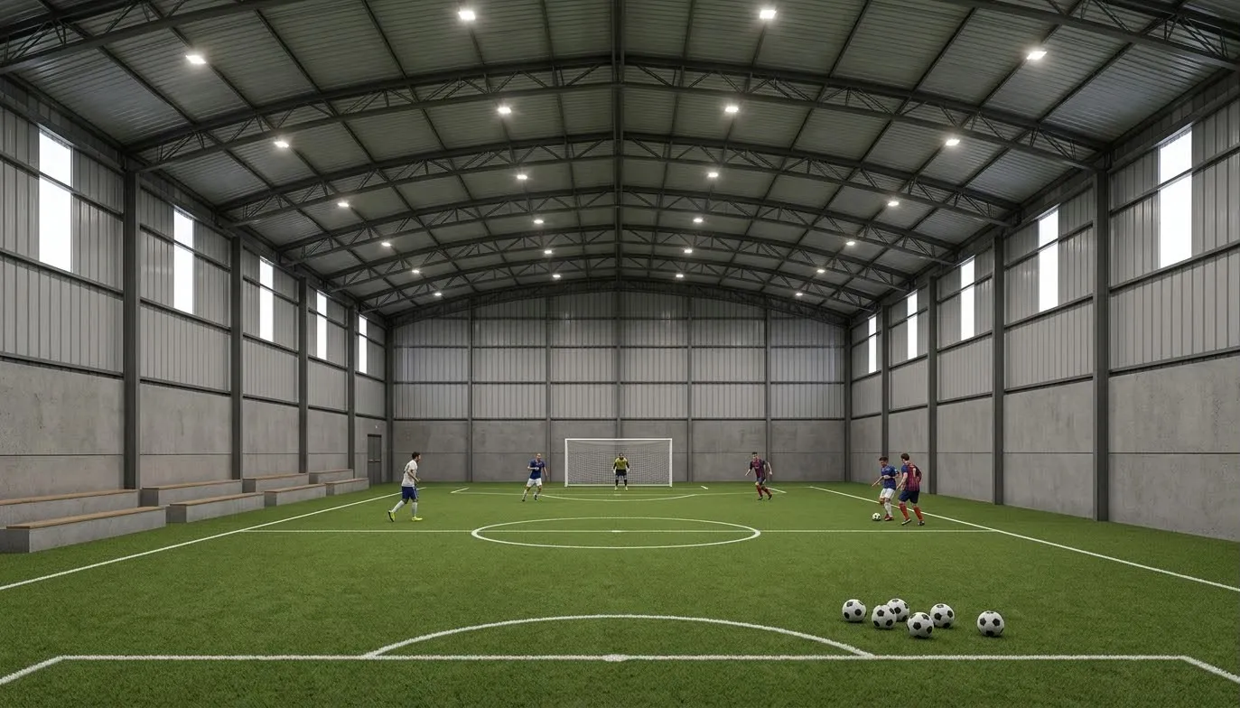 Interior view of the covered pitch, with artificial turf, goals, side bleachers and young people playing football
