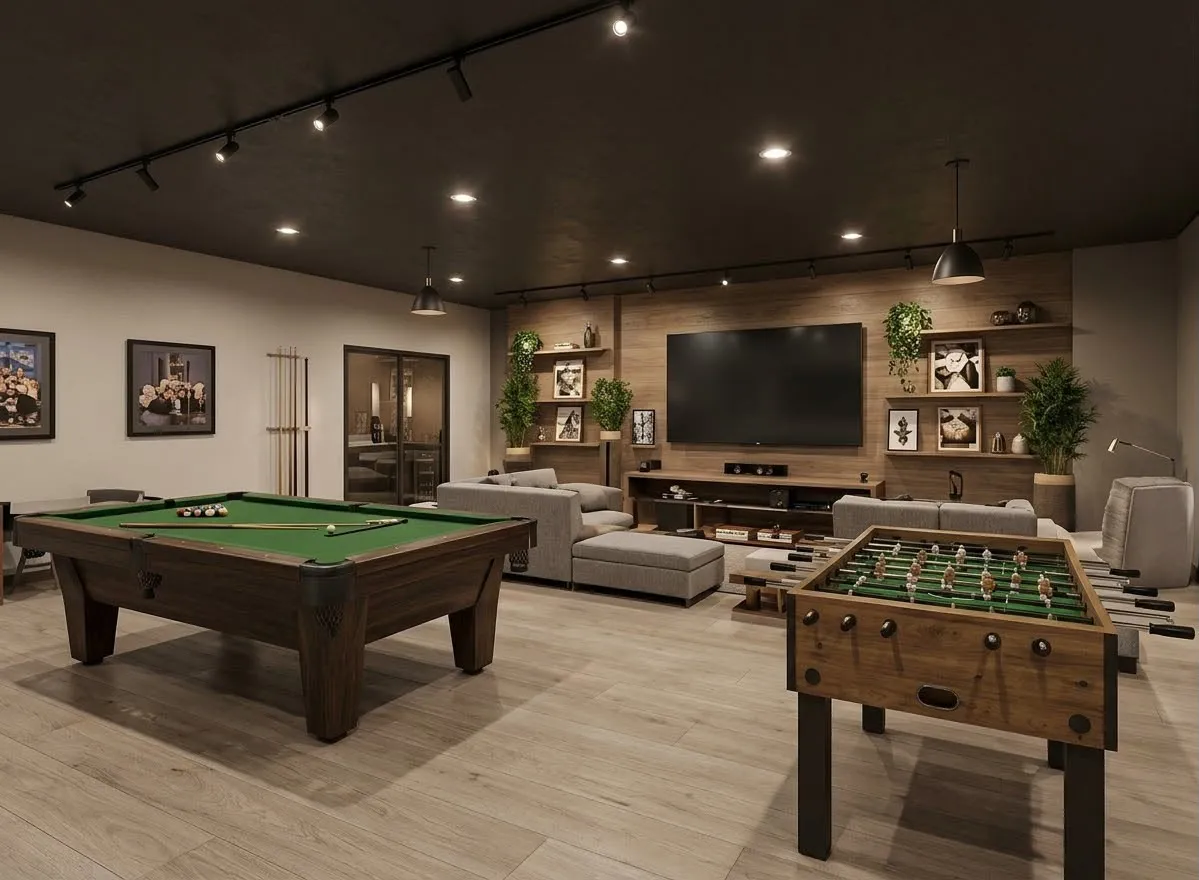 Common room with a pool table, table football, sofas and a television