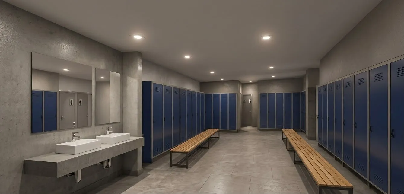 Changing room with blue lockers, wooden benches, sinks and mirrors